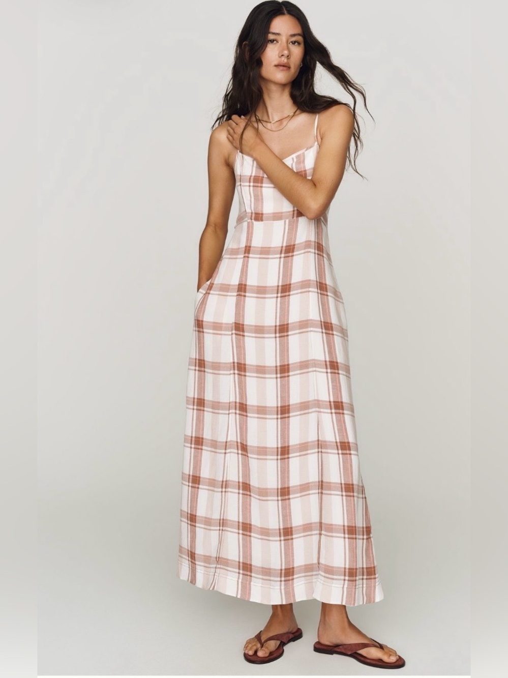 Anthro Pilcro Linen Blend Midi Dress NWT Brown Plaid